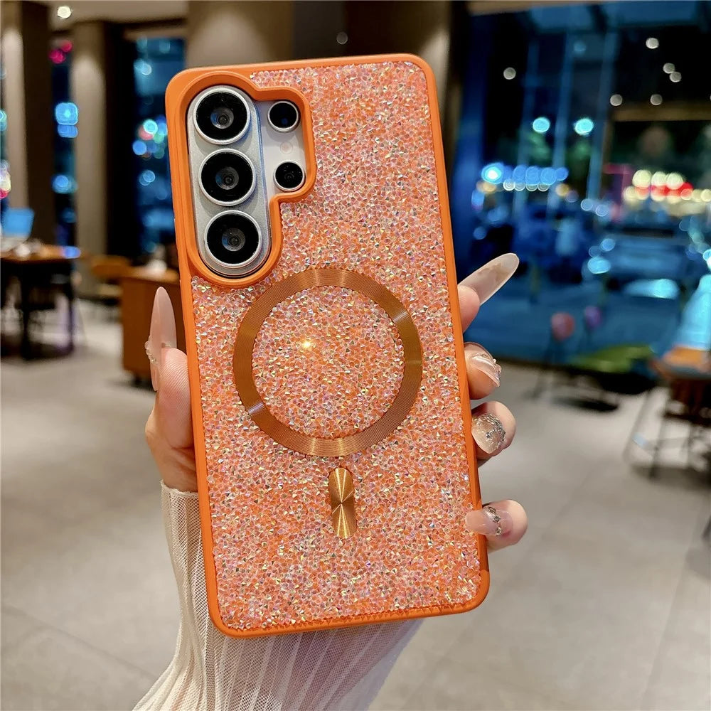 For Samsung Galaxy S26 Ultra Magnetic Case Skin-feel Rhinestone Design TPU PC Shockproof Phone Cover with Tempered Glass - Orange - 2