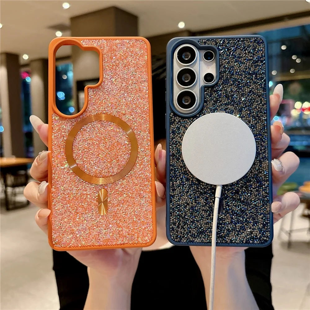 For Samsung Galaxy S26 Ultra Magnetic Case Skin-feel Rhinestone Design TPU PC Shockproof Phone Cover with Tempered Glass - Orange - 5