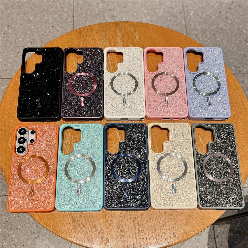 For Samsung Galaxy S26 Ultra Magnetic Case Skin-feel Rhinestone Design TPU PC Shockproof Phone Cover with Tempered Glass - Orange - 6