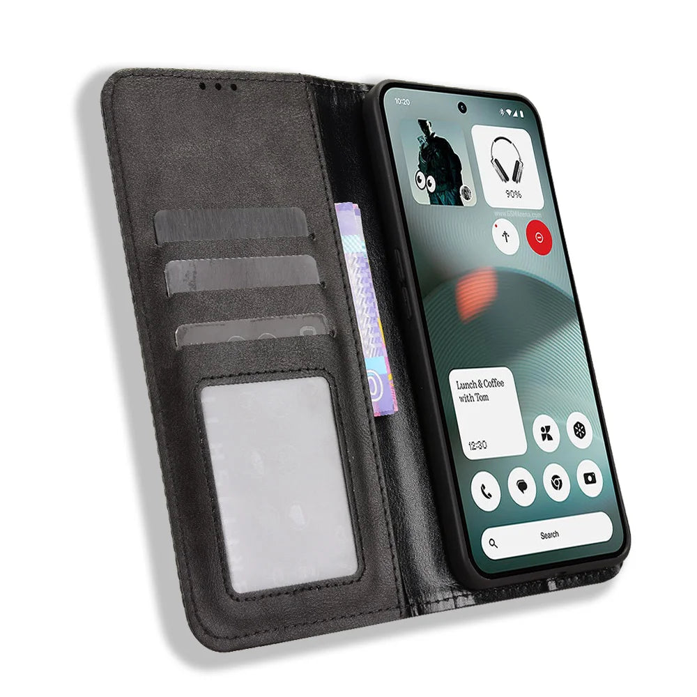 For Nothing Phone (3a) Lite 5G Leather Case Wallet Stand Retro Texture Phone Cover - Black - 6