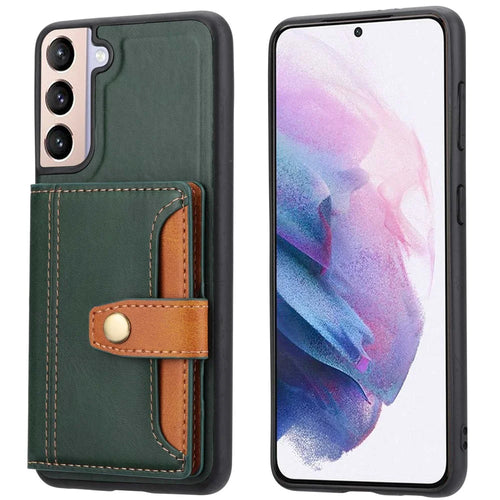 For Samsung Galaxy S23 Protective Phone Case Card Slots Kickstand Design PU Leather Coated TPU Back Cover - Green - 1