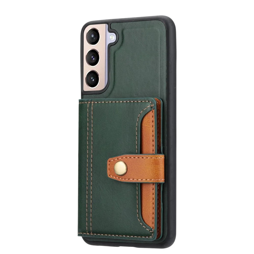 For Samsung Galaxy S23 Protective Phone Case Card Slots Kickstand Design PU Leather Coated TPU Back Cover - Green - 2