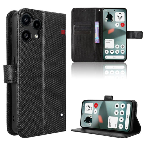 For Nothing Phone (3a) Lite 5G Leather Wallet Case with Strap Diamond Texture Phone Cover - Black - 1