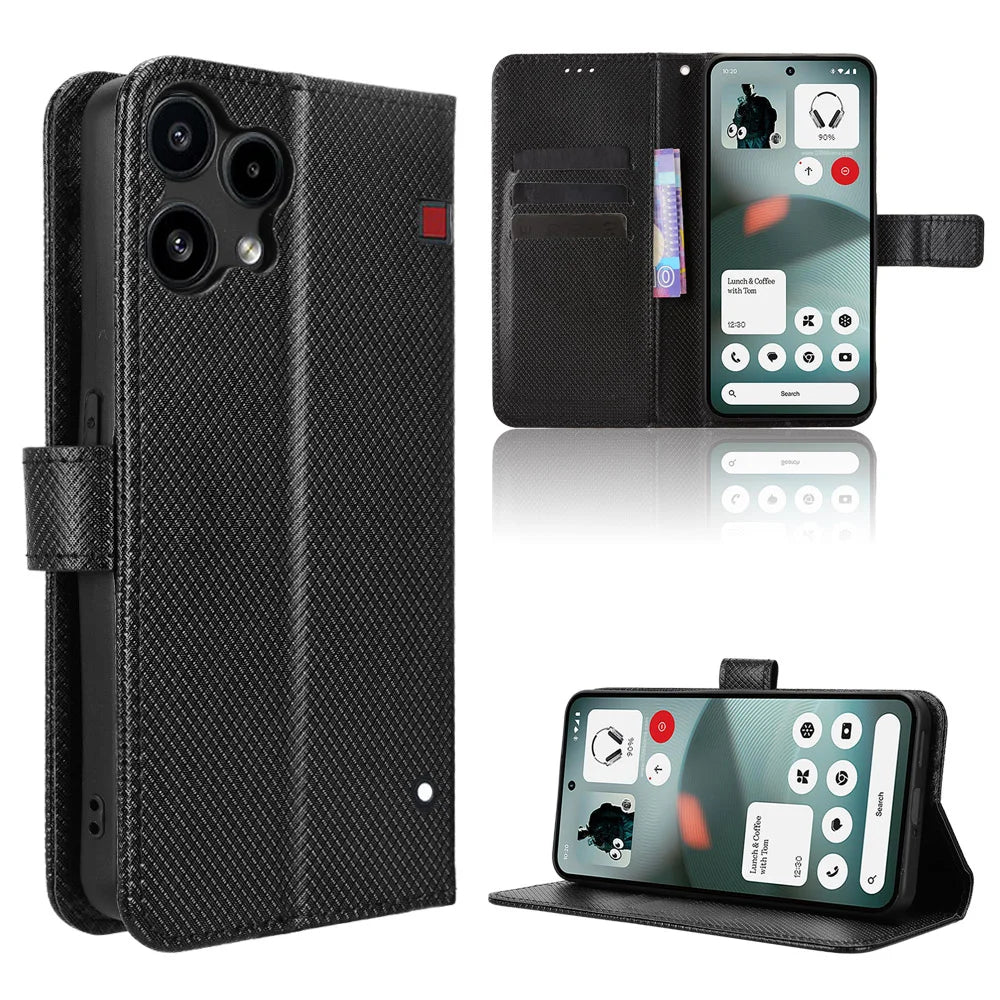 For Nothing Phone (3a) Lite 5G Leather Wallet Case with Strap Diamond Texture Phone Cover - Black - 1