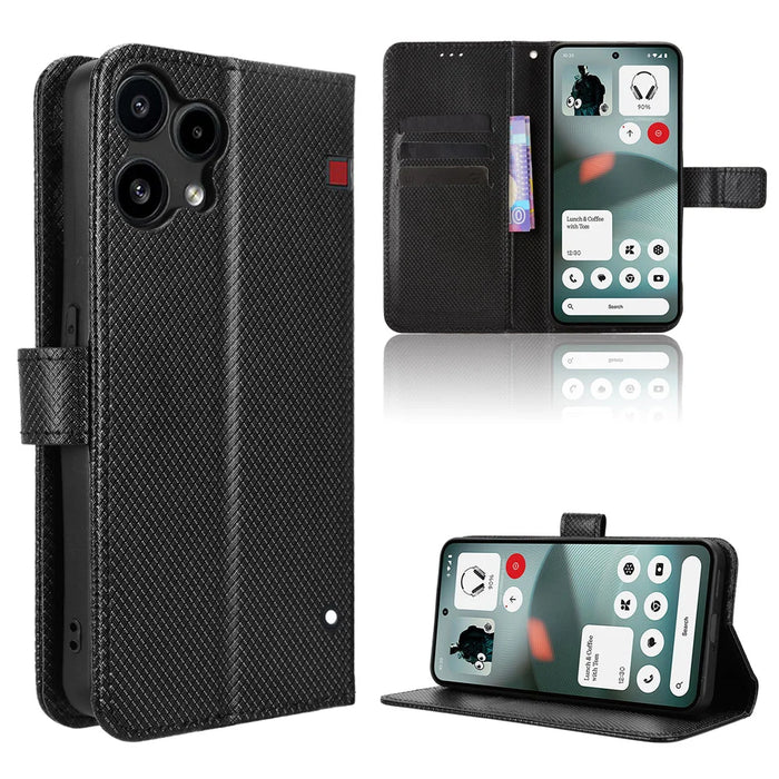 For Nothing Phone (3a) Lite 5G Leather Wallet Case with Strap Diamond Texture Phone Cover - Black - 1