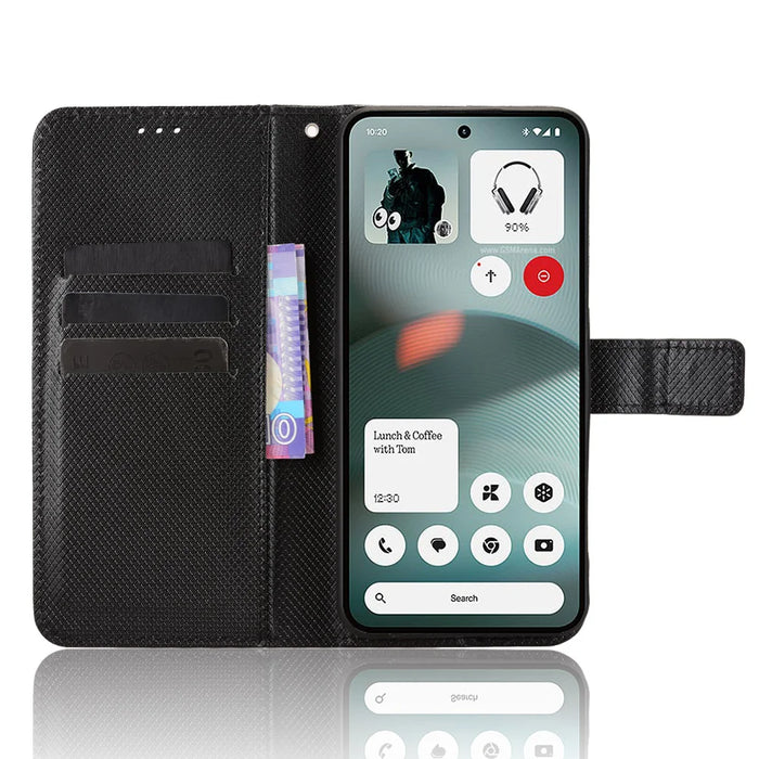 For Nothing Phone (3a) Lite 5G Leather Wallet Case with Strap Diamond Texture Phone Cover - Black - 6