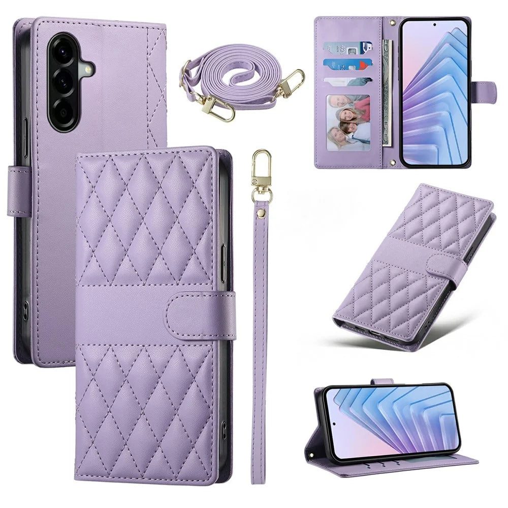 For Samsung Galaxy A37 5G Wallet Case Rhombus Stitching Stand Leather Phone Cover with Long / Short Strap - Purple - 1