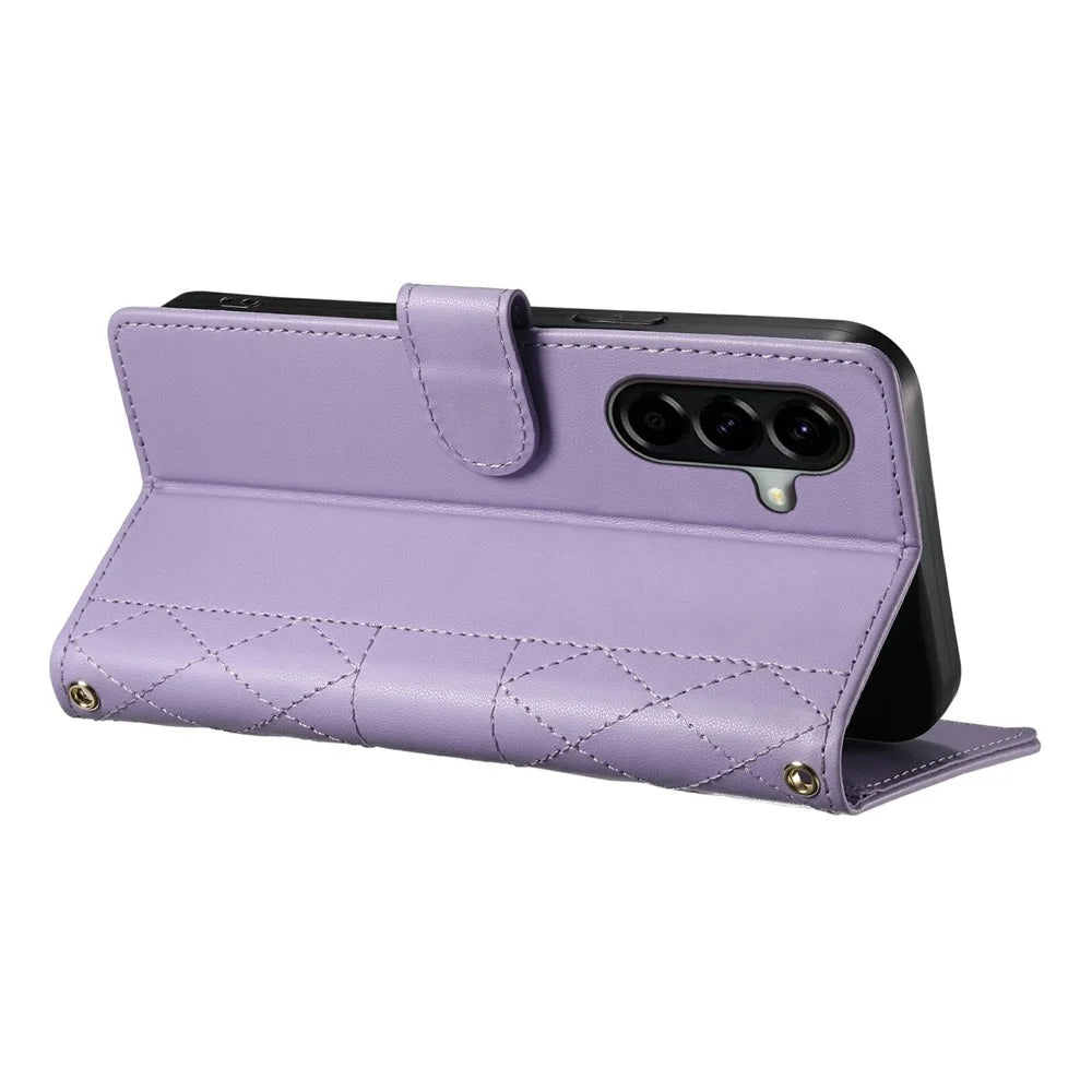 For Samsung Galaxy A37 5G Wallet Case Rhombus Stitching Stand Leather Phone Cover with Long / Short Strap - Purple - 4