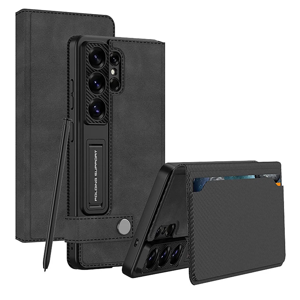 GKK For Samsung Galaxy S26 Ultra Case with Card Holder Kickstand Matte Leather Flip Phone Cover Magnetic Closure - Black - 1