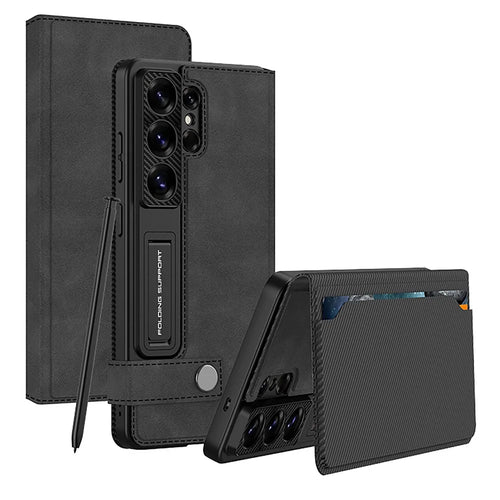 GKK For Samsung Galaxy S26 Ultra Case with Card Holder Kickstand Matte Leather Flip Phone Cover Magnetic Closure - Black - 1