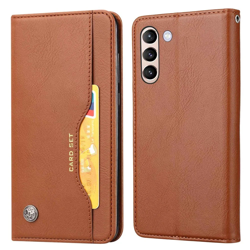 For Samsung Galaxy S23 Magnetic Auto-absorbed Phone Case Front Card Slot Design PU Leather Phone Cover Wallet Stand - Brown - 1