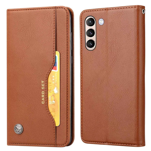 For Samsung Galaxy S23 Magnetic Auto-absorbed Phone Case Front Card Slot Design PU Leather Phone Cover Wallet Stand - Brown - 1