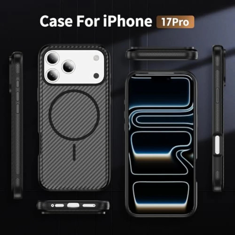 For iPhone 18 Pro / 17 Pro Magnetic Case Carbon Fiber Texture PC + TPU Anti-Slip Phone Cover Compatible with MagSafe - Black - 6