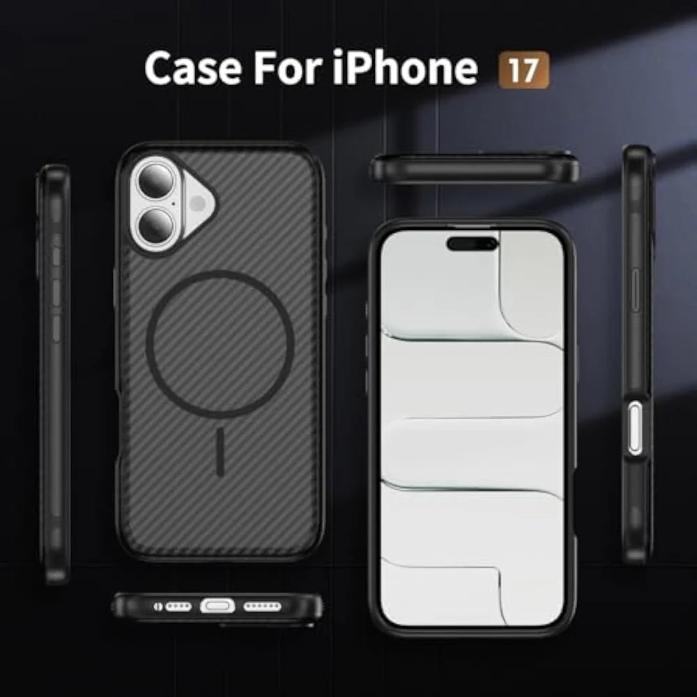 For iPhone 17 Magnetic Case Carbon Fiber Texture PC + TPU Anti-Slip Phone Cover Compatible with MagSafe - Black - 6