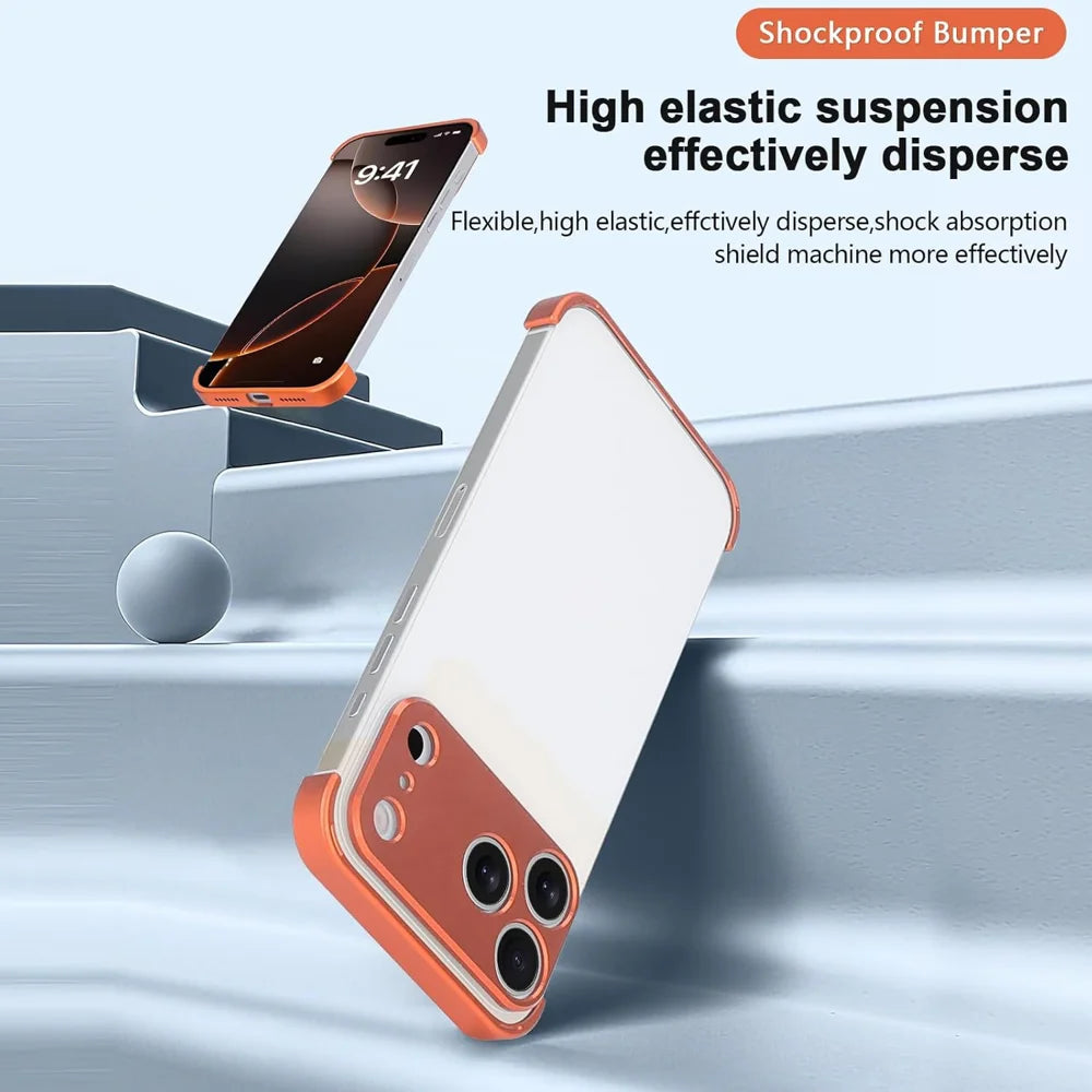 For iPhone 17 Pro Frameless Case Titanium Alloy Phone Corner Pad Bumper Cover with Camera Lens Protector - Orange - 3