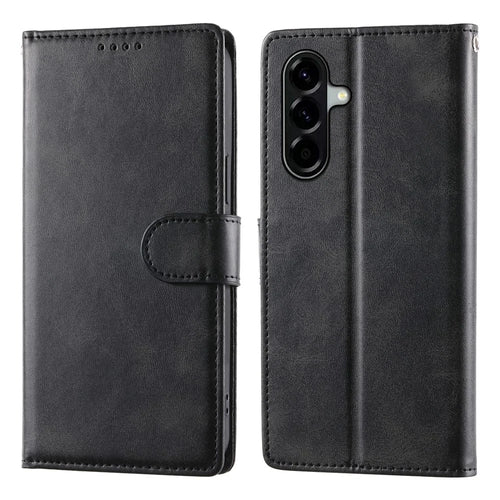 For Samsung Galaxy A37 5G Case Stand Wallet Calf Texture PU Leather Flip Phone Cover with Wrist Strap - Black - 1