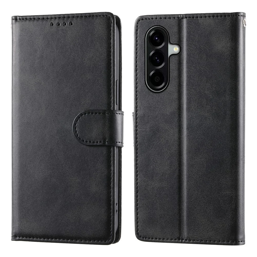 For Samsung Galaxy A37 5G Case Stand Wallet Calf Texture PU Leather Flip Phone Cover with Wrist Strap - Black - 1