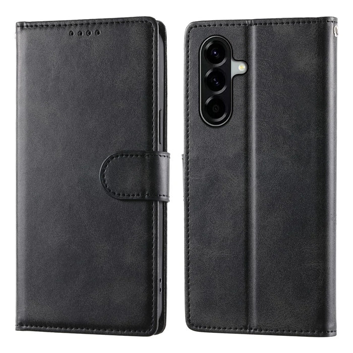 For Samsung Galaxy A37 5G Case Stand Wallet Calf Texture PU Leather Flip Phone Cover with Wrist Strap - Black - 1