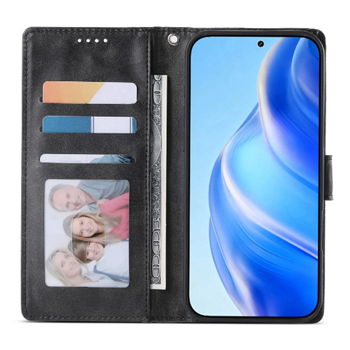 For Samsung Galaxy A37 5G Case Stand Wallet Calf Texture PU Leather Flip Phone Cover with Wrist Strap - Black - 2