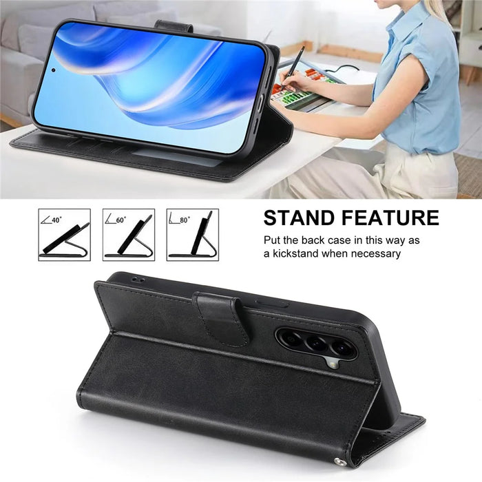 For Samsung Galaxy A37 5G Case Stand Wallet Calf Texture PU Leather Flip Phone Cover with Wrist Strap - Black - 4