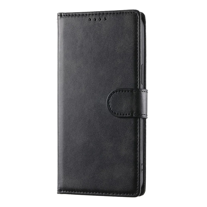For Samsung Galaxy A37 5G Case Stand Wallet Calf Texture PU Leather Flip Phone Cover with Wrist Strap - Black - 5