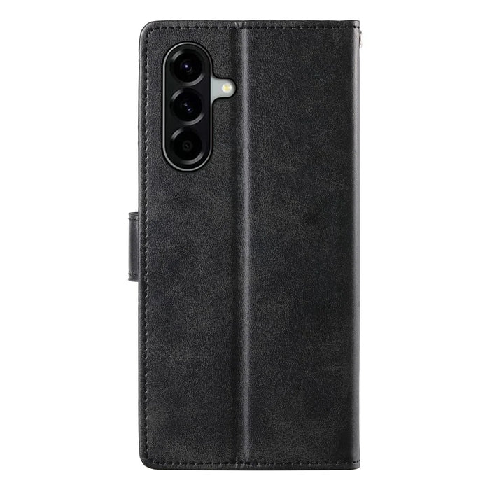 For Samsung Galaxy A37 5G Case Stand Wallet Calf Texture PU Leather Flip Phone Cover with Wrist Strap - Black - 6