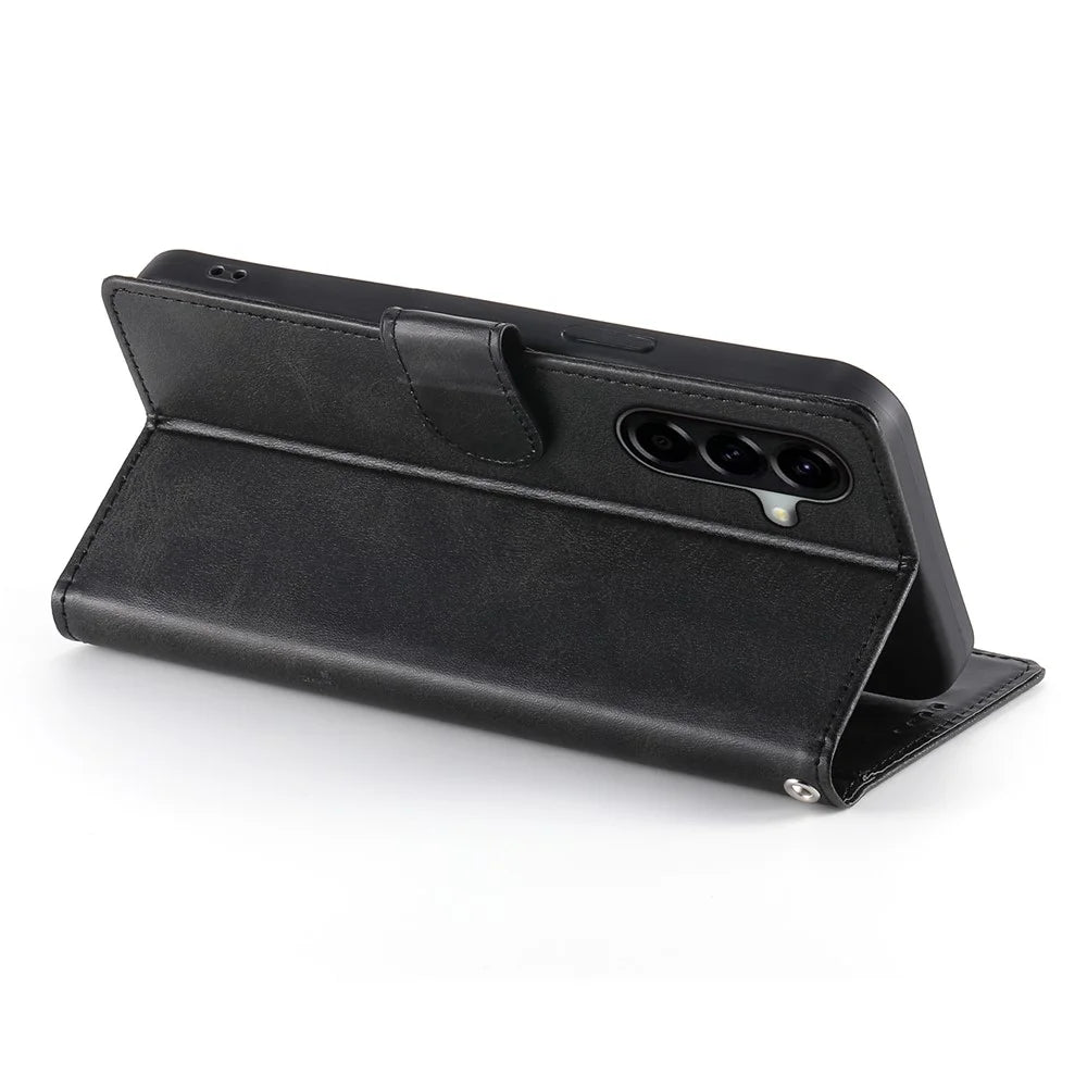 For Samsung Galaxy A57 5G Case Stand Wallet Calf Texture PU Leather Flip Phone Cover with Wrist Strap - Black - 3