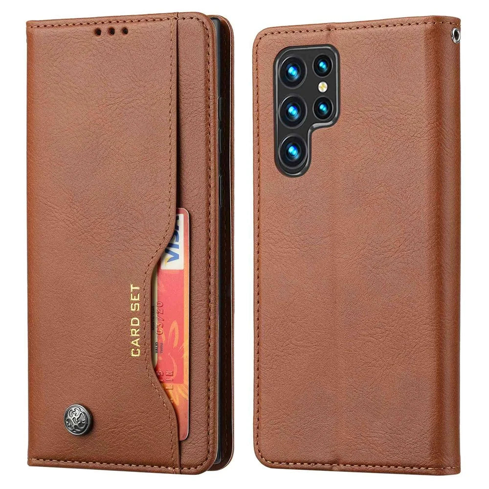 For Samsung Galaxy S23 Ultra Magnetic Auto-absorbed Phone Case Front Card Slot Design PU Leather Phone Cover Wallet Stand - Brown - 1
