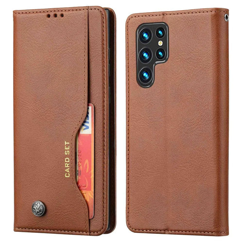 For Samsung Galaxy S23 Ultra Magnetic Auto-absorbed Phone Case Front Card Slot Design PU Leather Phone Cover Wallet Stand - Brown - 1