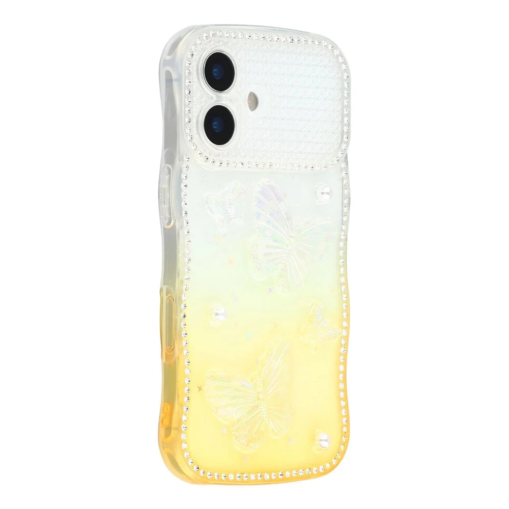 For iPhone 17 Case Epoxy Butterfly Design Rhinestone Decor Gradient Shockproof TPU Phone Cover - White  /  Orange - 1