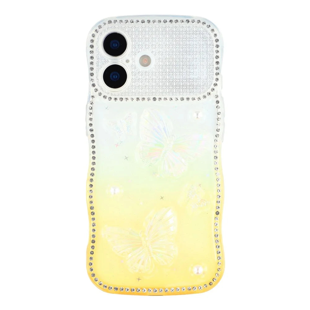 For iPhone 17 Case Epoxy Butterfly Design Rhinestone Decor Gradient Shockproof TPU Phone Cover - White  /  Orange - 3