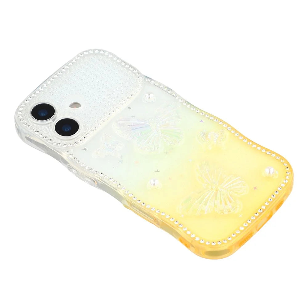 For iPhone 17 Case Epoxy Butterfly Design Rhinestone Decor Gradient Shockproof TPU Phone Cover - White  /  Orange - 4
