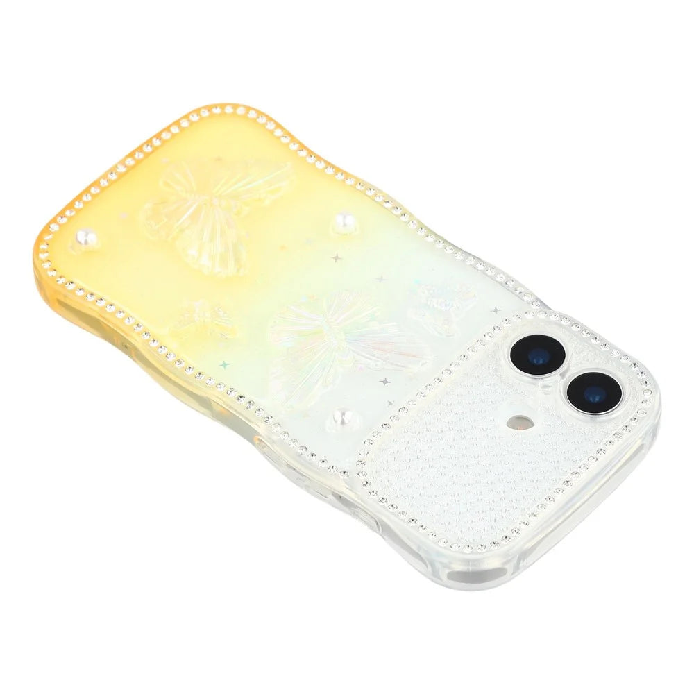 For iPhone 17 Case Epoxy Butterfly Design Rhinestone Decor Gradient Shockproof TPU Phone Cover - White  /  Orange - 5