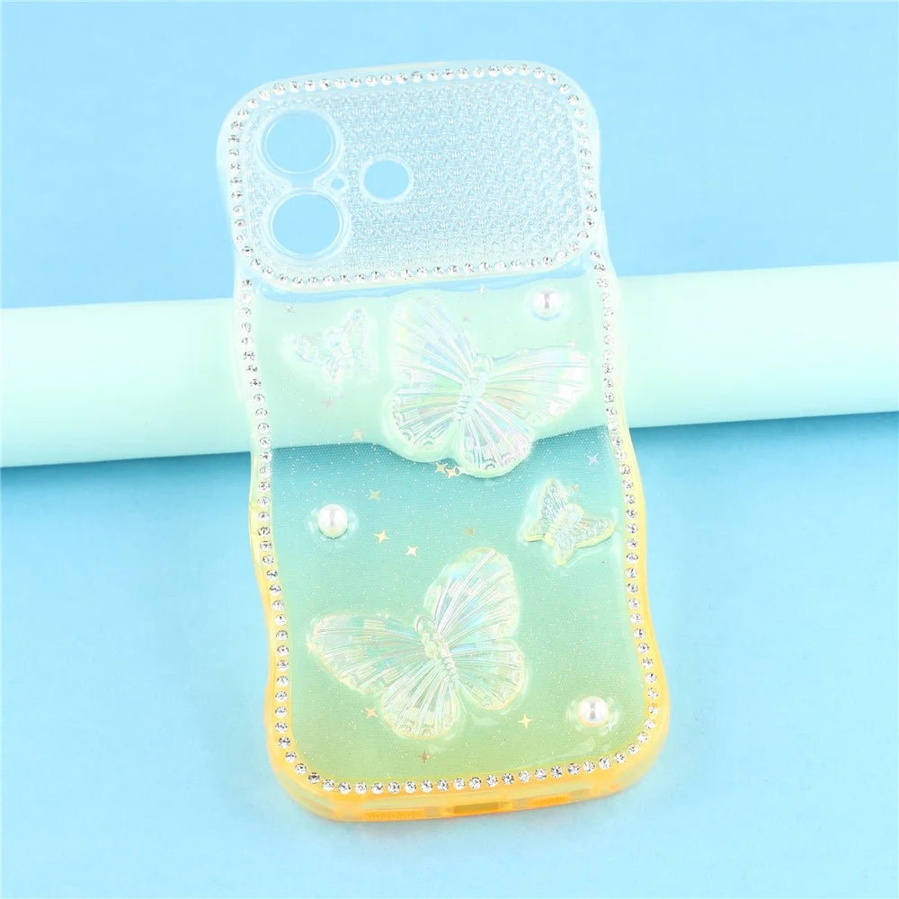 For iPhone 17 Case Epoxy Butterfly Design Rhinestone Decor Gradient Shockproof TPU Phone Cover - White  /  Orange - 6