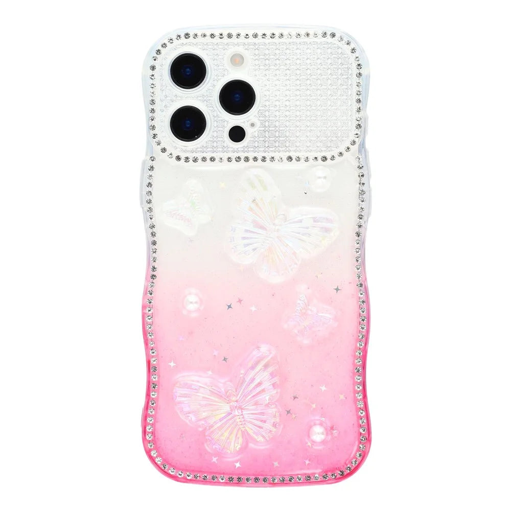 For iPhone 16 Pro Max Case Epoxy Butterfly Design Rhinestone Decor Gradient Shockproof TPU Phone Cover - White  /  Pink - 3
