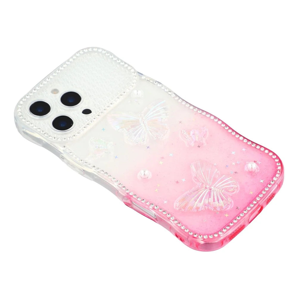 For iPhone 16 Pro Max Case Epoxy Butterfly Design Rhinestone Decor Gradient Shockproof TPU Phone Cover - White  /  Pink - 4