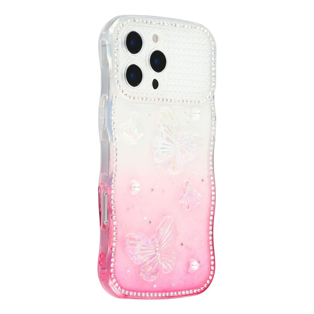 For iPhone 16 Pro Case Epoxy Butterfly Design Rhinestone Decor Gradient Shockproof TPU Phone Cover - White  /  Pink - 1