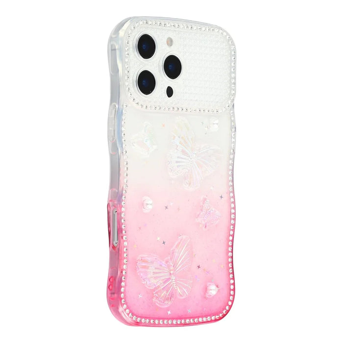For iPhone 16 Pro Case Epoxy Butterfly Design Rhinestone Decor Gradient Shockproof TPU Phone Cover - White  /  Pink - 1