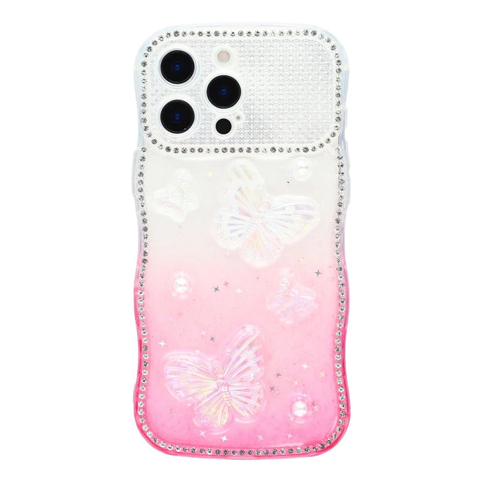 For iPhone 16 Pro Case Epoxy Butterfly Design Rhinestone Decor Gradient Shockproof TPU Phone Cover - White  /  Pink - 3