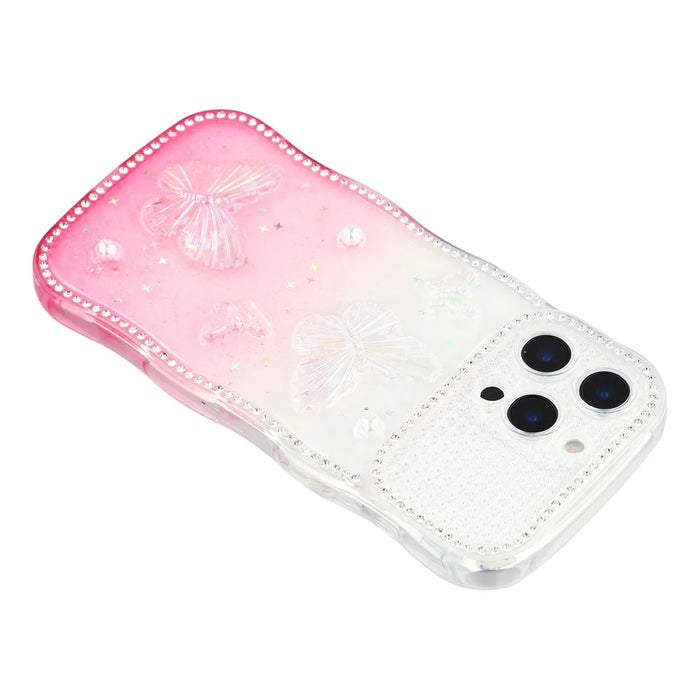 For iPhone 16 Pro Case Epoxy Butterfly Design Rhinestone Decor Gradient Shockproof TPU Phone Cover - White  /  Pink - 5