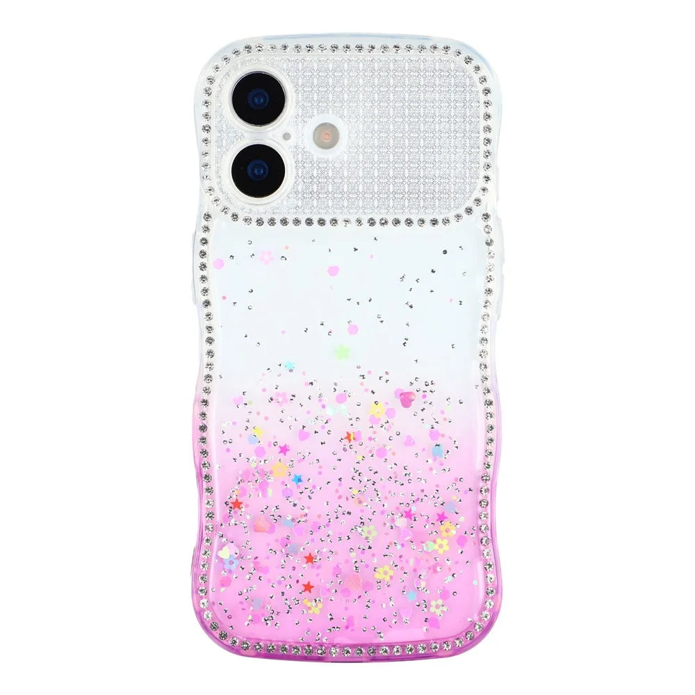 For iPhone 17 Case Glitter Epoxy Design TPU Phone Cover with Sparkly Rhinestone Decor Wave Frame - Gradient Purple - 3