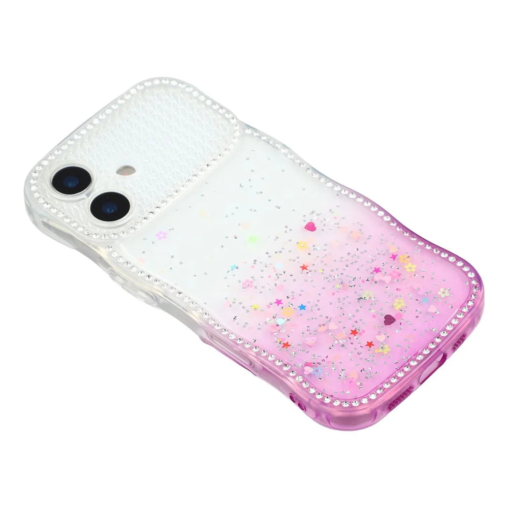 For iPhone 17 Case Glitter Epoxy Design TPU Phone Cover with Sparkly Rhinestone Decor Wave Frame - Gradient Purple - 4