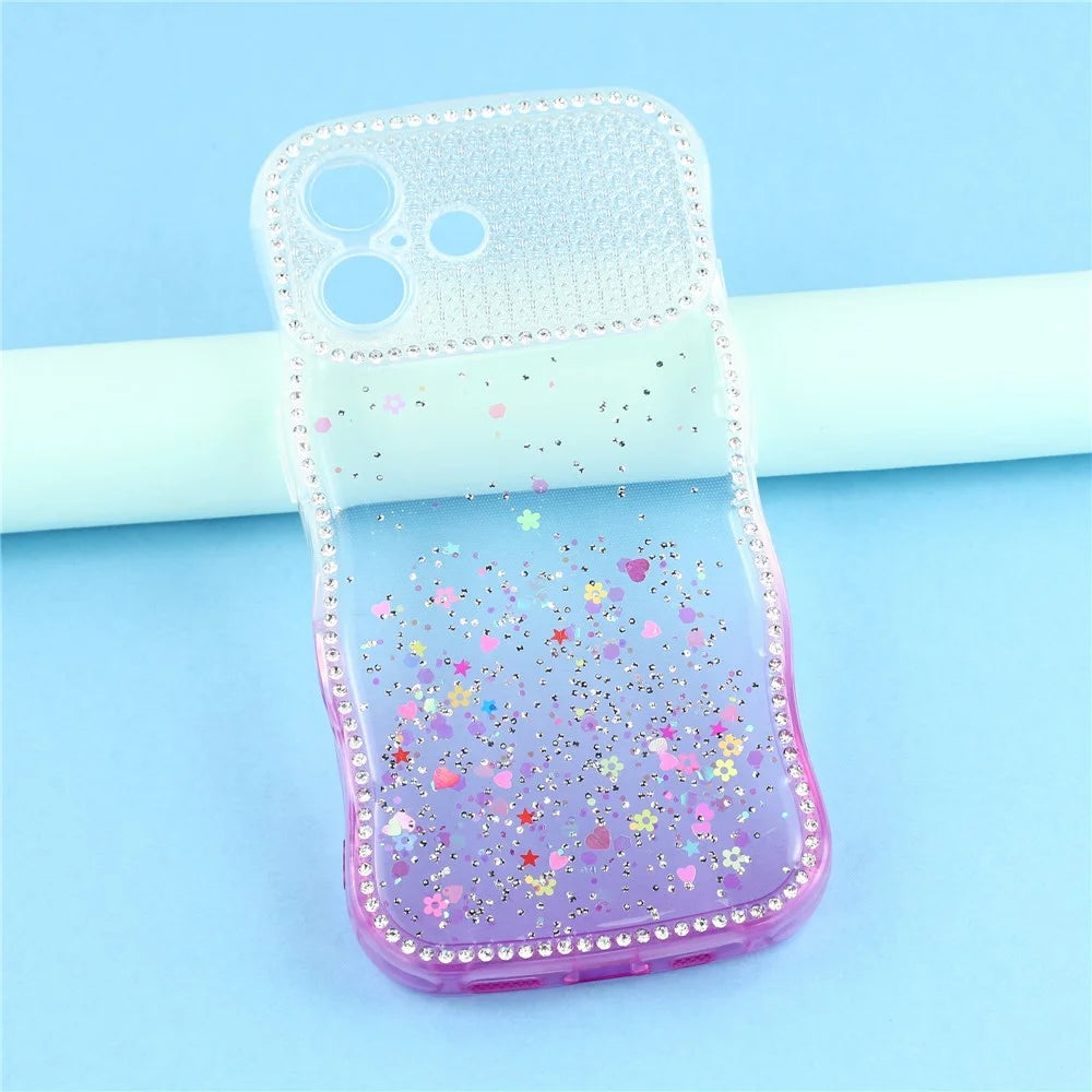 For iPhone 17 Case Glitter Epoxy Design TPU Phone Cover with Sparkly Rhinestone Decor Wave Frame - Gradient Purple - 6