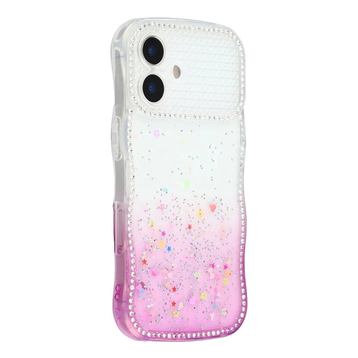 For iPhone 16 Case Glitter Epoxy Design TPU Phone Cover with Sparkly Rhinestone Decor Wave Frame - Gradient Purple - 1
