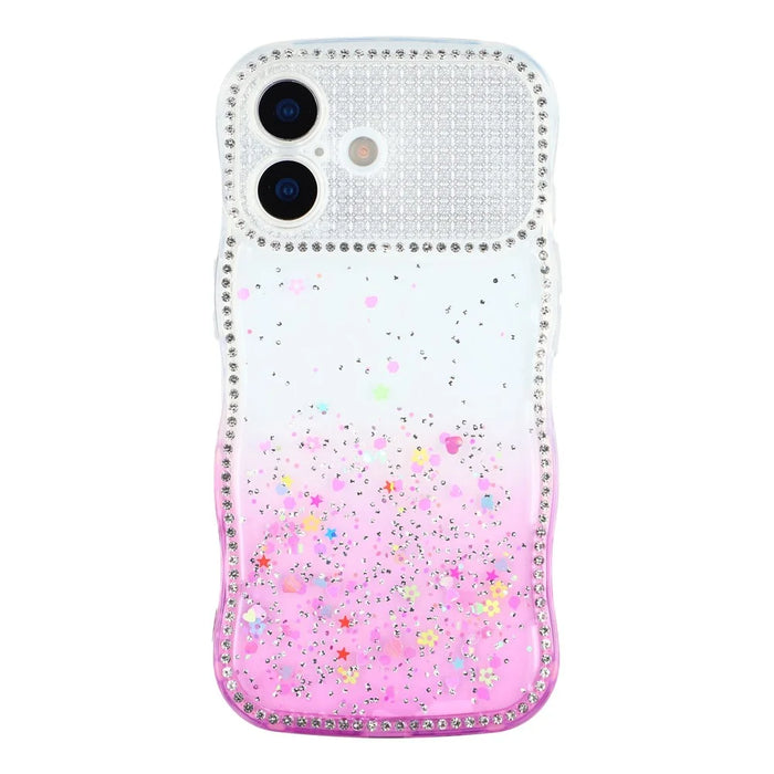For iPhone 16 Case Glitter Epoxy Design TPU Phone Cover with Sparkly Rhinestone Decor Wave Frame - Gradient Purple - 3