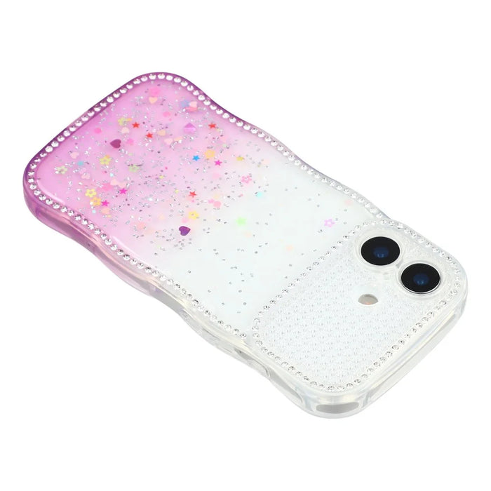 For iPhone 16 Case Glitter Epoxy Design TPU Phone Cover with Sparkly Rhinestone Decor Wave Frame - Gradient Purple - 5