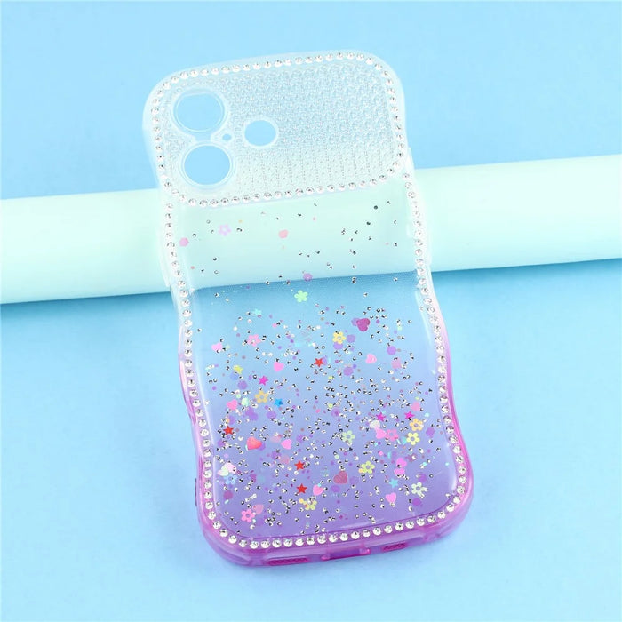 For iPhone 16 Case Glitter Epoxy Design TPU Phone Cover with Sparkly Rhinestone Decor Wave Frame - Gradient Purple - 6