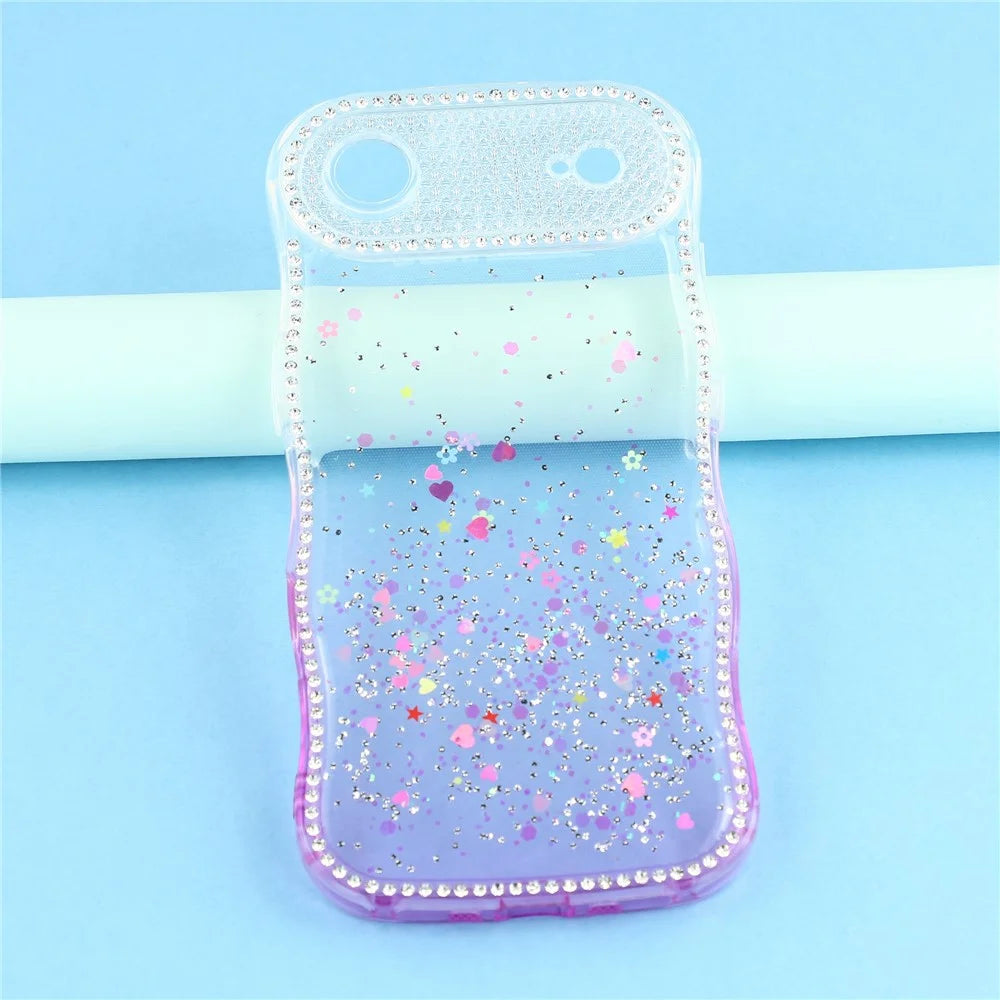For iPhone Air Case Glitter Epoxy Design TPU Phone Cover with Sparkly Rhinestone Decor Wave Frame - Gradient Purple - 6