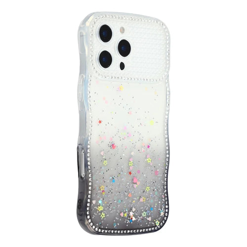 For iPhone 16 Pro Max Case Glitter Epoxy Design TPU Phone Cover with Sparkly Rhinestone Decor Wave Frame - Gradient Black - 1