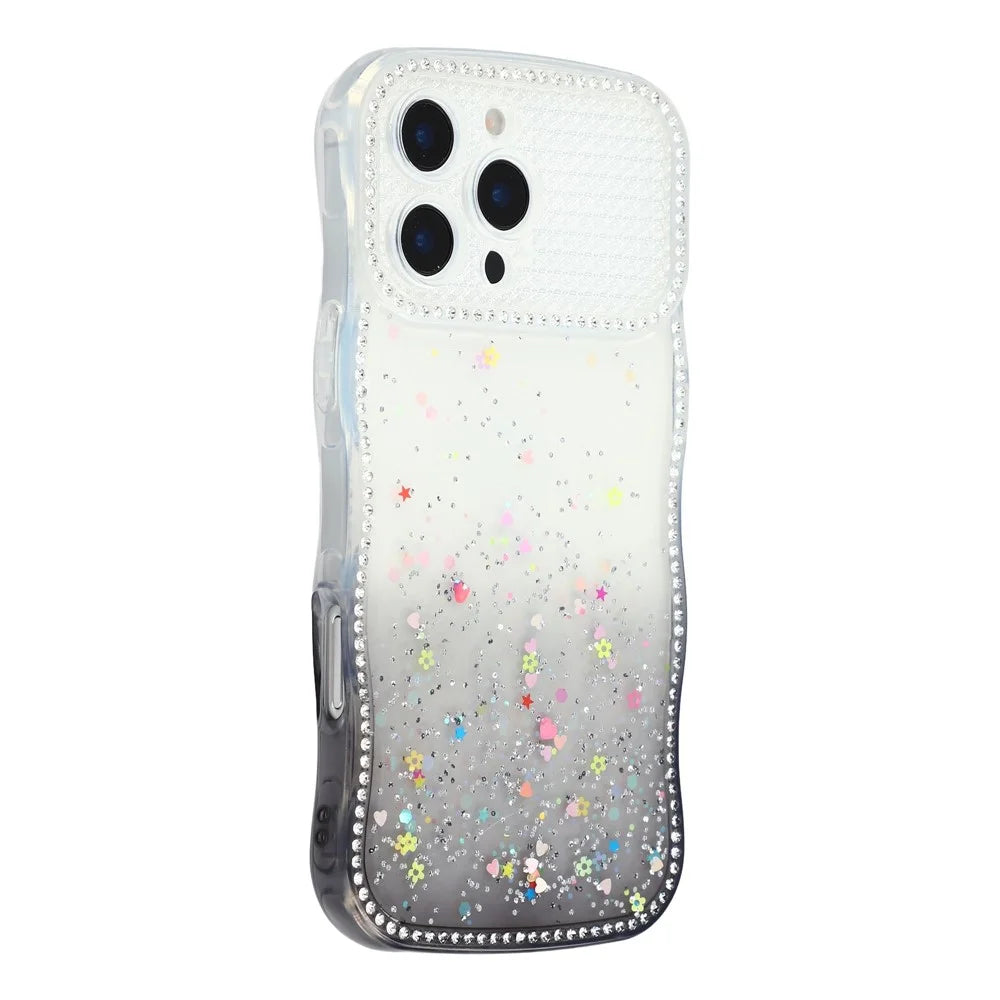 For iPhone 16 Pro Max Case Glitter Epoxy Design TPU Phone Cover with Sparkly Rhinestone Decor Wave Frame - Gradient Black - 1